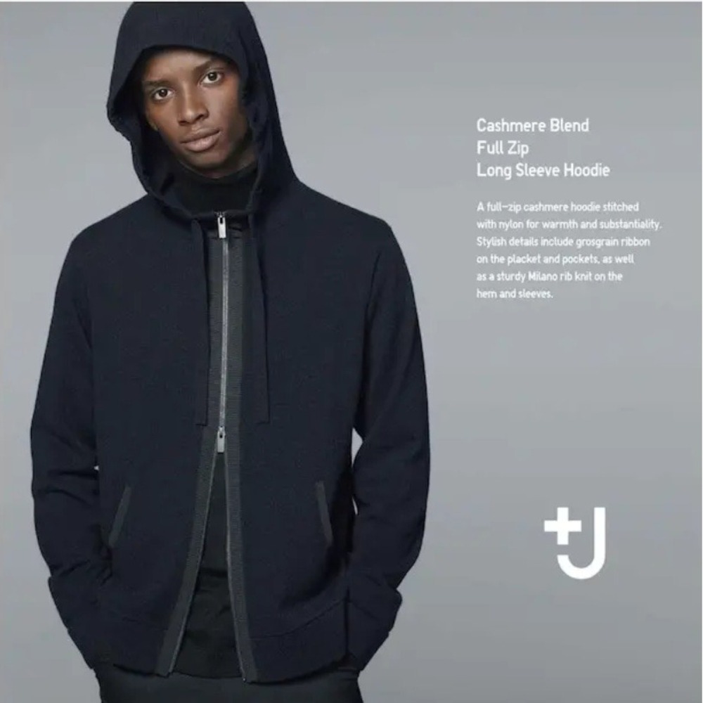 Uniqlo +J Jil Sander Mens Black Cashmere Blend Full Zip Hoodie Quiet Luxury